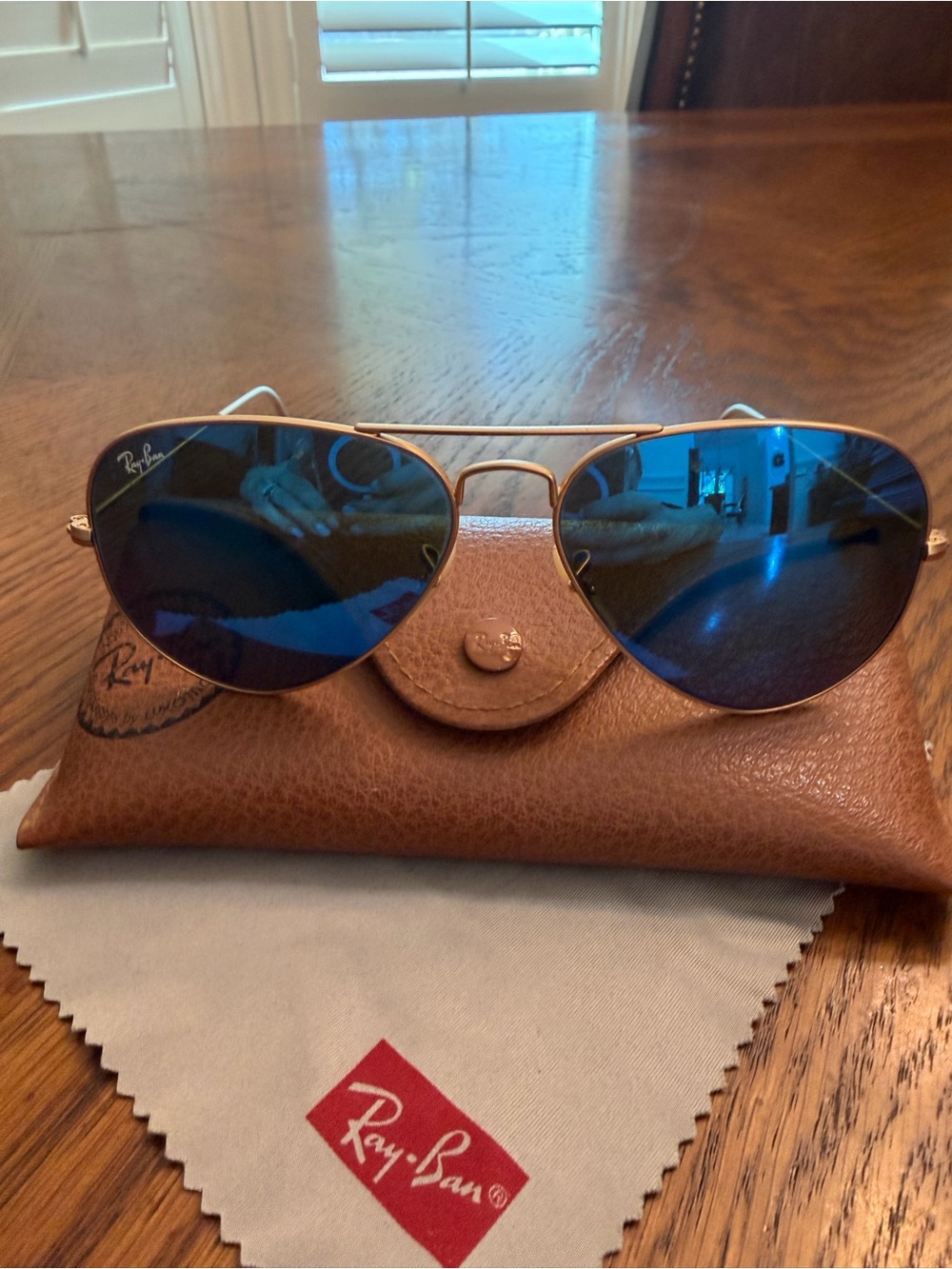 Ray-Ban Gold Frame Sunglasses with Blue Mirrored Lenses